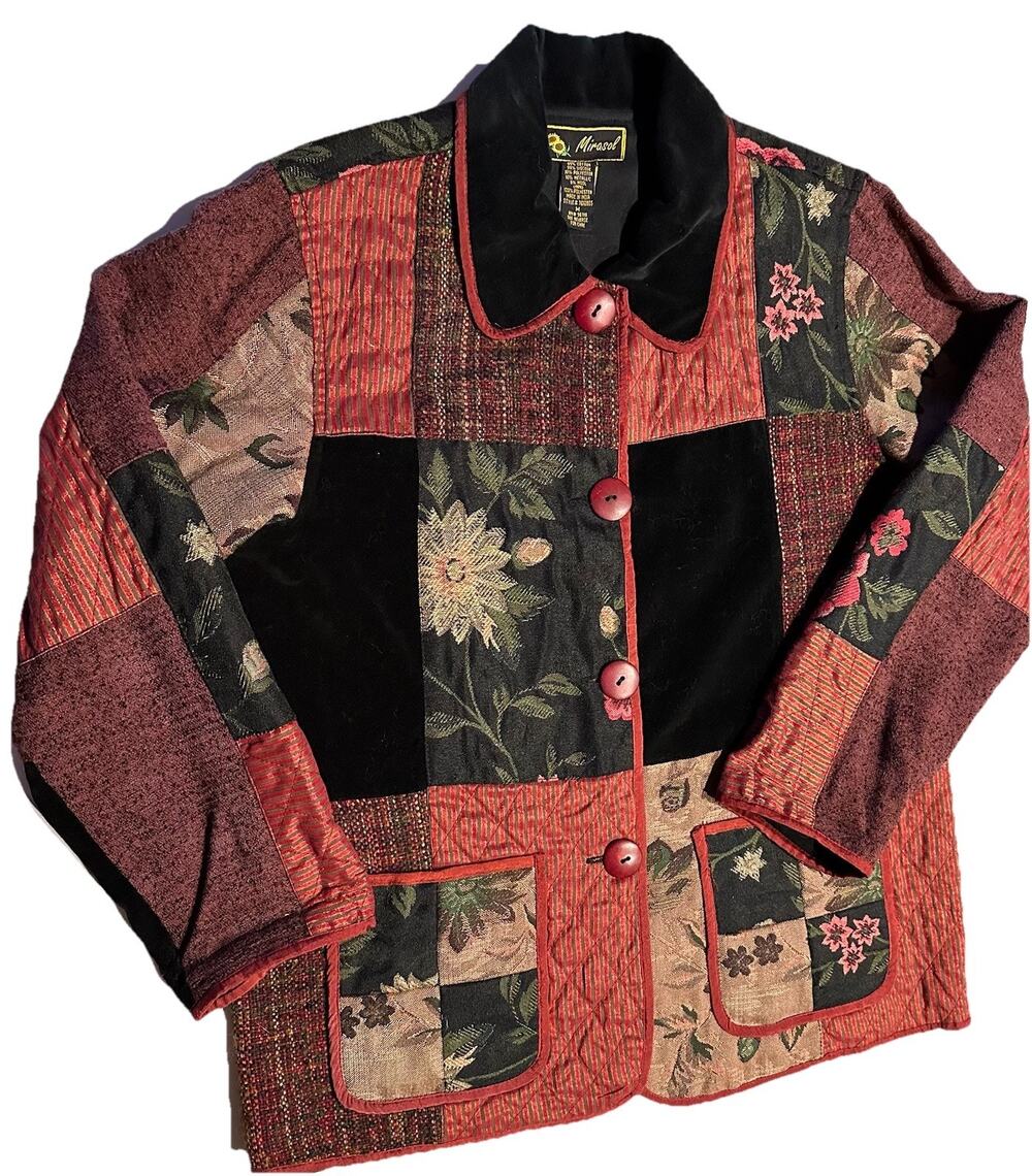 Mirasol Patchwork Button Down Jacket Womens Med Tapestry Velvet Quilted Lined